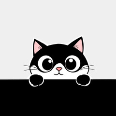 Cute black and white cartoon cat peeking over edge