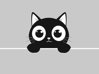 Cute black cartoon cat peeking over a gray wall