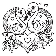 Cute Flamingo Couple on a Love Shape Vector Line Art Coloring Book Illustration