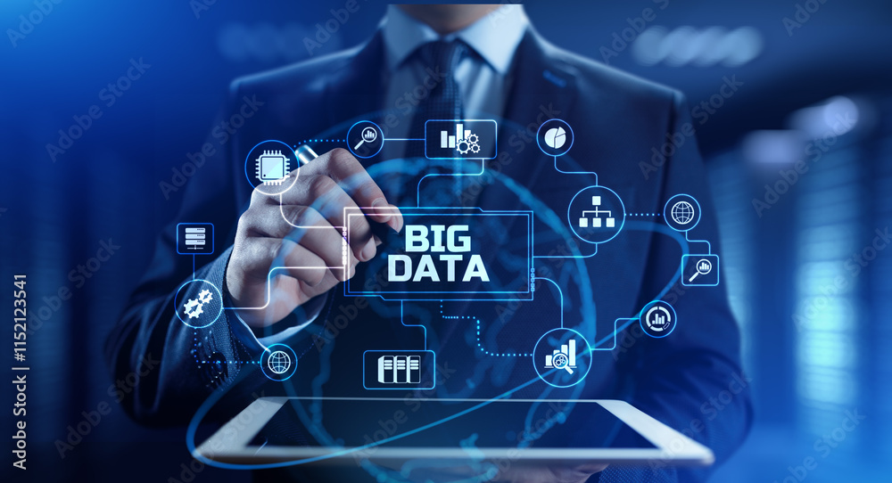 Wall mural big data analysis analytics internet technology concept. businessman pressing button on screen.