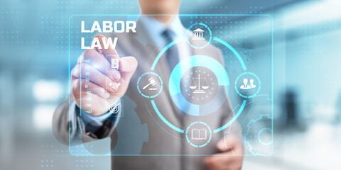 Obraz premium Labor law. Attorney at law advocacy. Businessman pressing virtual button.