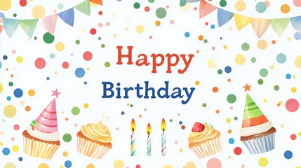 Happy Birthday Colorful Celebration with Cupcakes and Confetti