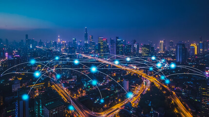 Fototapeta premium Smart digital city with connection cyber security network reciprocity over the cityscape . future smart wireless digital city and social media networking systems that connects people within the city