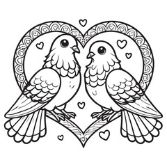 Cute Pigeon Couple on a Love Shape Vector Line Art Coloring Book Illustration