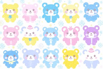 Cute Cartoon Bears in Pastel Colors with Snowflake Background