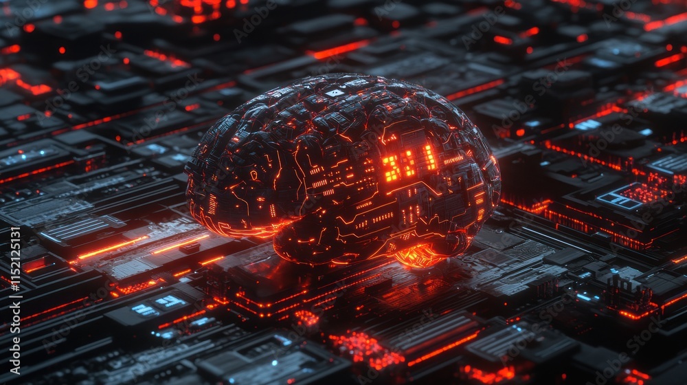 Wall mural 3d render of a glowing brain integrated into a circuit board, symbolizing ai and technology.