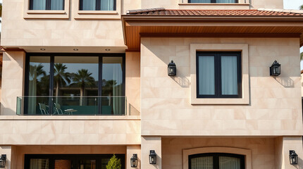 Obraz premium Beige two-story house with dark-framed windows and glass doors. Features a terracotta roof, exterior wall lights, and a balcony with glass railings. The house is modern in style with clean lines.