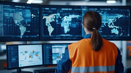 Professional Worker Analyzing Global Data Trends on Multiple High-Resolution Monitors in a Modern Control Room Environment for Analysis and Insights
