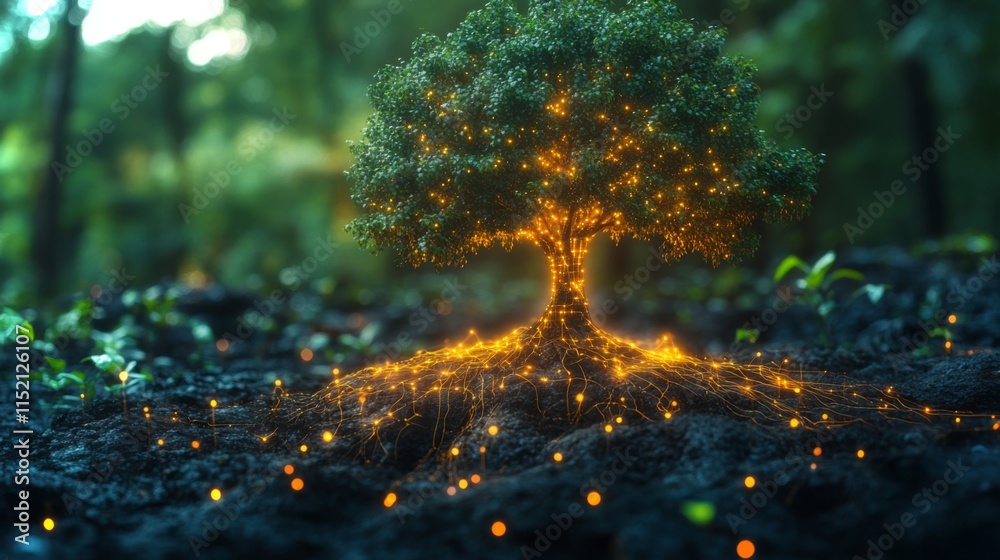 Aufkleber a stunning tree radiates warm, glowing lights from its branches and roots in a tranquil forest durin