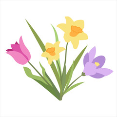Simple Spring Design of Crocus, Daffodil and Tulip Flowers. Vector Bouquet of Three Flowers in Flat Style. Naive Botanical Element Perfect for Banners, Posters, Flyers, Cards, Social Media, Web.