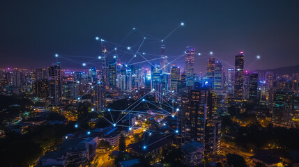 Obraz premium Smart digital city with connection cyber security network reciprocity over the cityscape . future smart wireless digital city and social media networking systems that connects people within the city