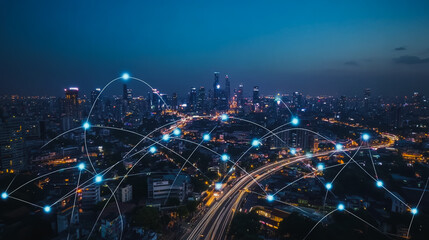 Fototapeta premium Smart digital city with connection cyber security network reciprocity over the cityscape . future smart wireless digital city and social media networking systems that connects people within the city