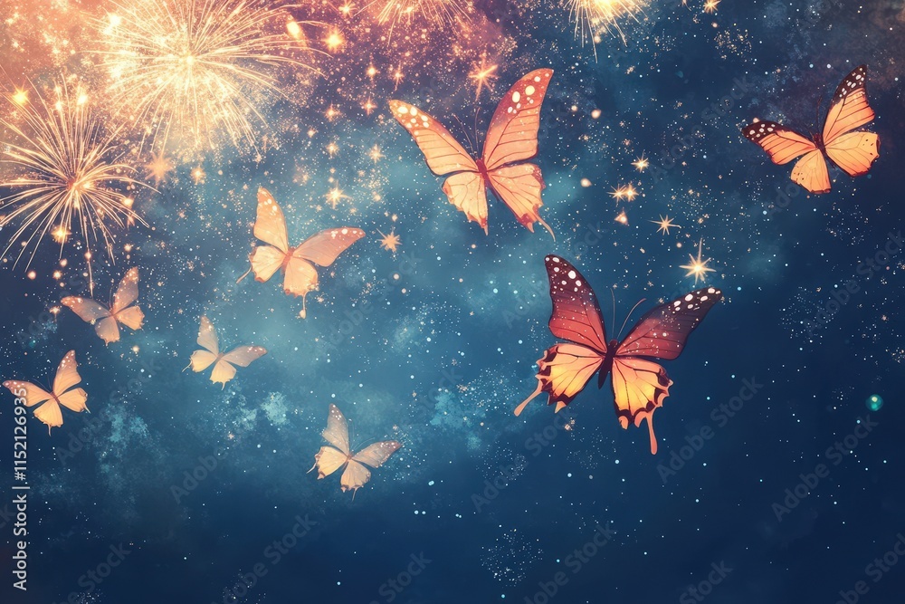 Canvas Prints Butterflies Fly Amongst Fireworks And Stars In Night Sky