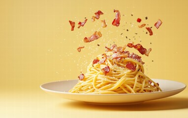 A plate of spaghetti carbonara floating mid-air with crispy bacon and parmesan, on a pale yellow background