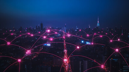 Obraz premium Smart digital city with connection cyber security network reciprocity over the cityscape . future smart wireless digital city and social media networking systems that connects people within the city