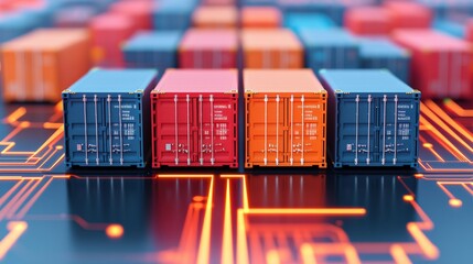 Colorful shipping containers on a circuit board background symbolizing global trade and technology integration in logistics and transportation industries
