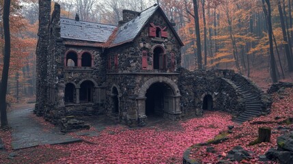Enchanted Forest with Vibrant Colors and Historic Structure