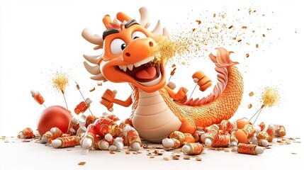 Obraz premium Cheerful 3D cartoon animation of a playful dragon blowing shimmering golden sparkles onto a line of firecrackers set against a backdrop of festive Chinese