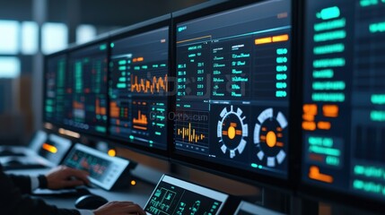 Advanced Data Analytics Dashboard with Multiple Screens Displaying Financial Trends, Graphs, and Metrics in a Modern Control Room Environment