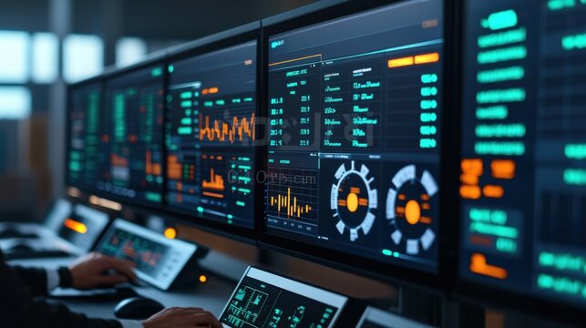 Advanced Data Analytics Dashboard with Multiple Screens Displaying Financial Trends, Graphs, and Metrics in a Modern Control Room Environment