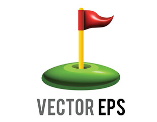3D red triangular golf flag and hole icon with green field