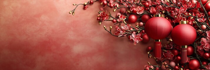 Fototapeta premium Vibrant Chinese New Year Wallpaper with Traditional Red and Gold Lanterns Hanging from Delicate Cherry Blossom Branches and a Subtle Dragon Motif in the Background Exuding a Festive Atmosphere