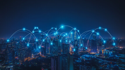 Smart digital city with connection cyber security network reciprocity over the cityscape . future smart wireless digital city and social media networking systems that connects people within the city