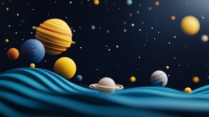Abstract Cosmic Background Featuring Floating Planets and Waves in a Dark Space Environment Ideal for Imaginative Illustrations and Artistic Projects