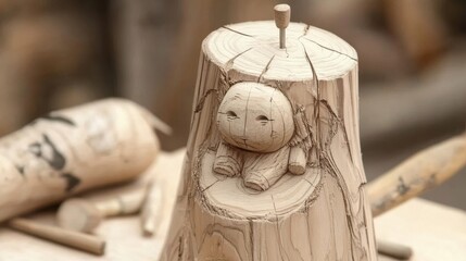 National Woodworking Month Intricate wood carving of cute animal emerging from tree trunk stump in artisan workshop setting