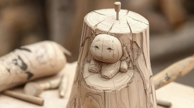 National Woodworking Month Intricate wood carving of cute animal emerging from tree trunk stump in artisan workshop setting