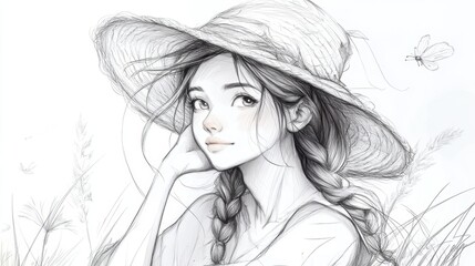 Fototapeta premium Straw Hat Month Charming sketch of girl with braids in field with butterfly