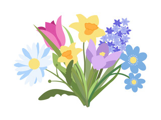 Flat Bouquet of Flowers: Daisy, Tulip, Hyacinthy, Crocus, Narcissus,  Hepatica. Spring Flowers Bloom Element. Sticker, Print for Easter Spring Holidays, Banners, Posters, Cards, Web. Folk Style.
