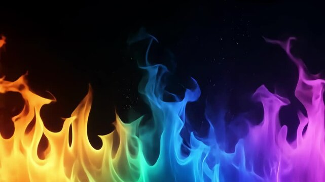 A vibrant, abstract display of colorful flames against a dark background.