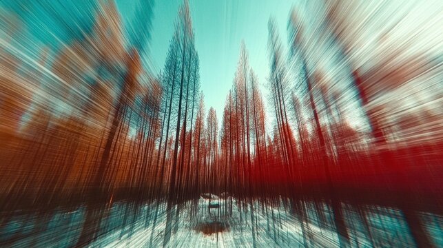 Vibrant autumn forest with motion blur and blue sky for contemporary art prints