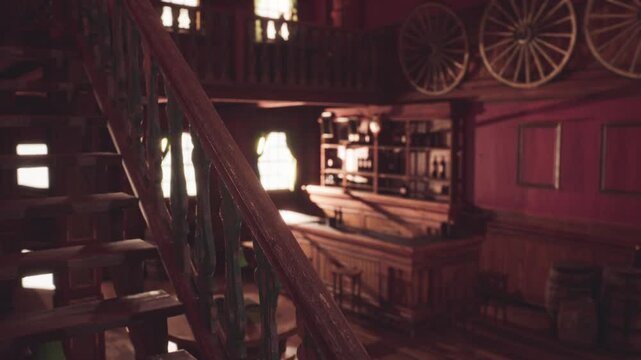 This interior features a charming wooden staircase leading to an upper level. The saloon showcases rustic decor with wagon wheels on the walls and shelves filled with various bottles.