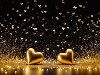 Fototapeta premium Two Golden Hearts on Glitter Background.