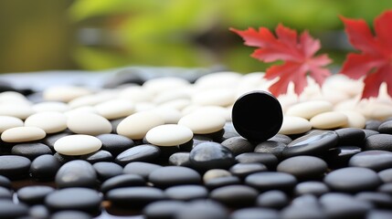 Zen Garden Serenity: Black Stone on White and Black Pebbles with Red Maple Leaf