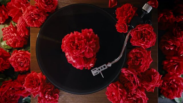 Classic Vinyl Record Playing With Red Roses Flowers Background. Romantic