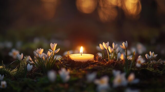 Imbolc Tranquil candlelight surrounded by blooming flowers at dusk