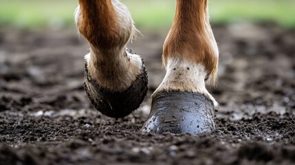 International Hoof Care Week Close-up of horse hooves walking on muddy ground