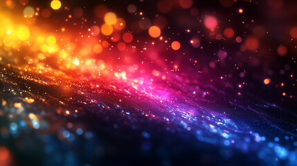 Obraz premium Black canvas illuminated by colorful beams, iridescent bokeh sparkles, and glitchcore aesthetics, perfect for vibrant and dreamy digital designs