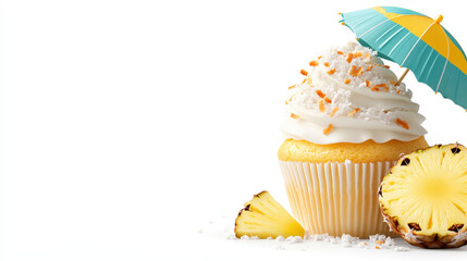 A vibrant cupcake topped with fluffy icing and a decorative umbrella, accompanied by fresh pineapple slices, evoking a tropical vibe.