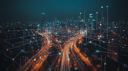 Obraz premium Smart digital city with connection cyber security network reciprocity over the cityscape . future smart wireless digital city and social media networking systems that connects people within the city