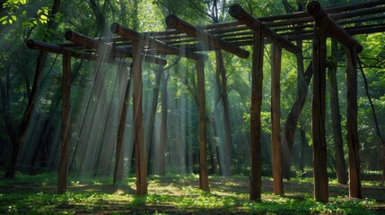 Fototapeta premium A tranquil forest clearing with light streaming through a wooden canopy