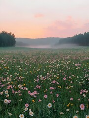 A serene landscape featuring a vibrant meadow bursting with colorful wildflowers in pastel hues, framed by a misty forest at sunrise, creating a peaceful morning ambiance.