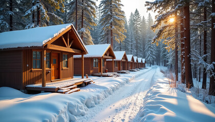 Snowy Winter Cabins in Forest with Sunlight and Footpath