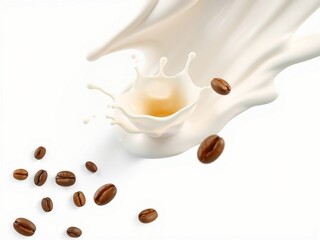 A splash of milk with coffee beans, emphasizing a coffee-drink theme.
