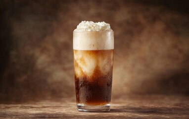A tall glass of fizzy root beer with visible foam, on a rustic brown background