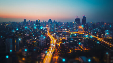Fototapeta premium Smart digital city with connection cyber security network reciprocity over the cityscape . future smart wireless digital city and social media networking systems that connects people within the city