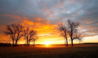 Fototapeta premium Beautiful sunset over a tranquil savanna landscape, showcasing the silhouette of trees against a vibrant sky filled with warm hues of orange and yellow